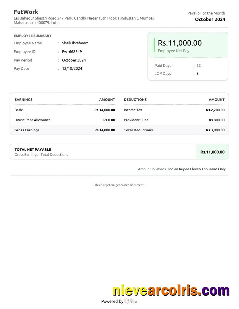 India FutWork E-commerce service company payslip